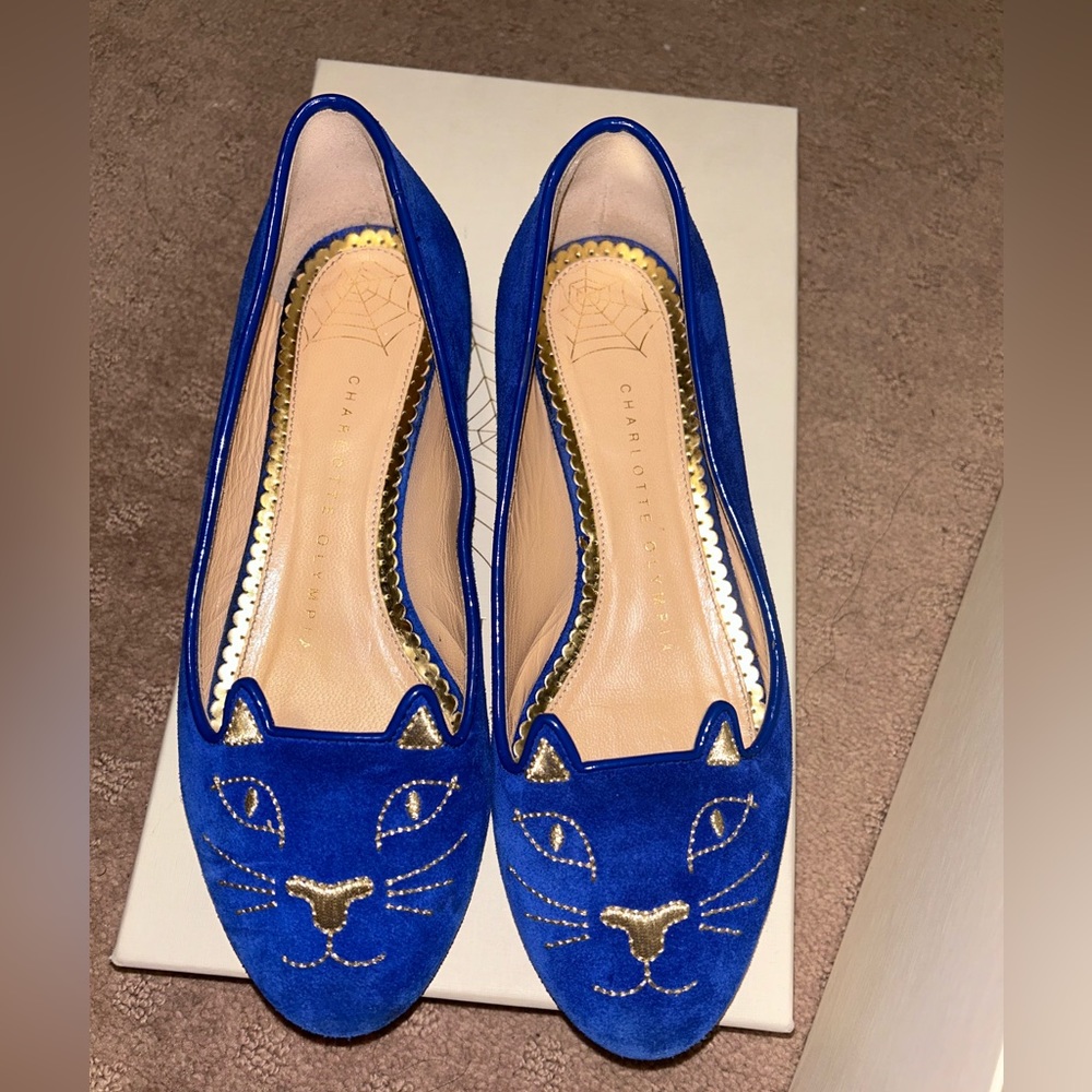 Charlotte Olympia-Kitty Flats size:34.5 color:Cobalt Blue  material:Suede